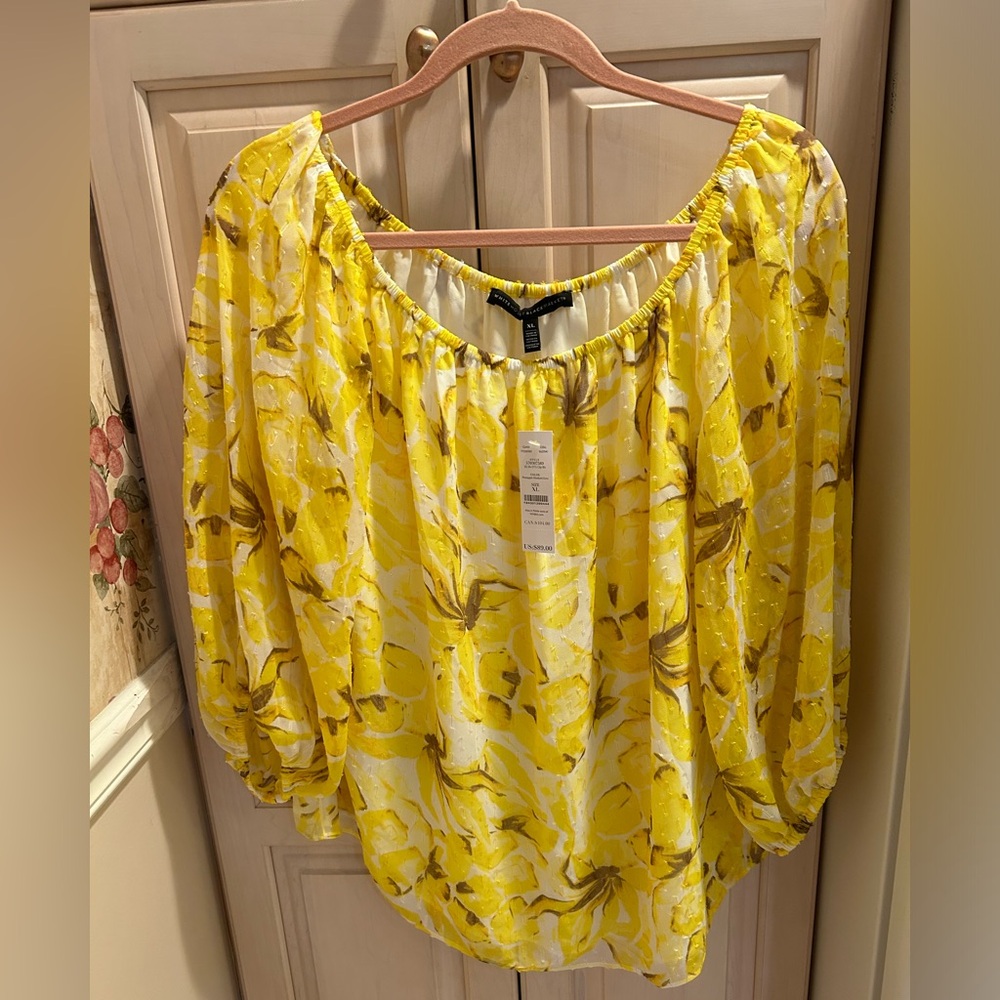 White House Black Market Boho Flowy Yellow Pineapples Peasant Top Size XL NWT